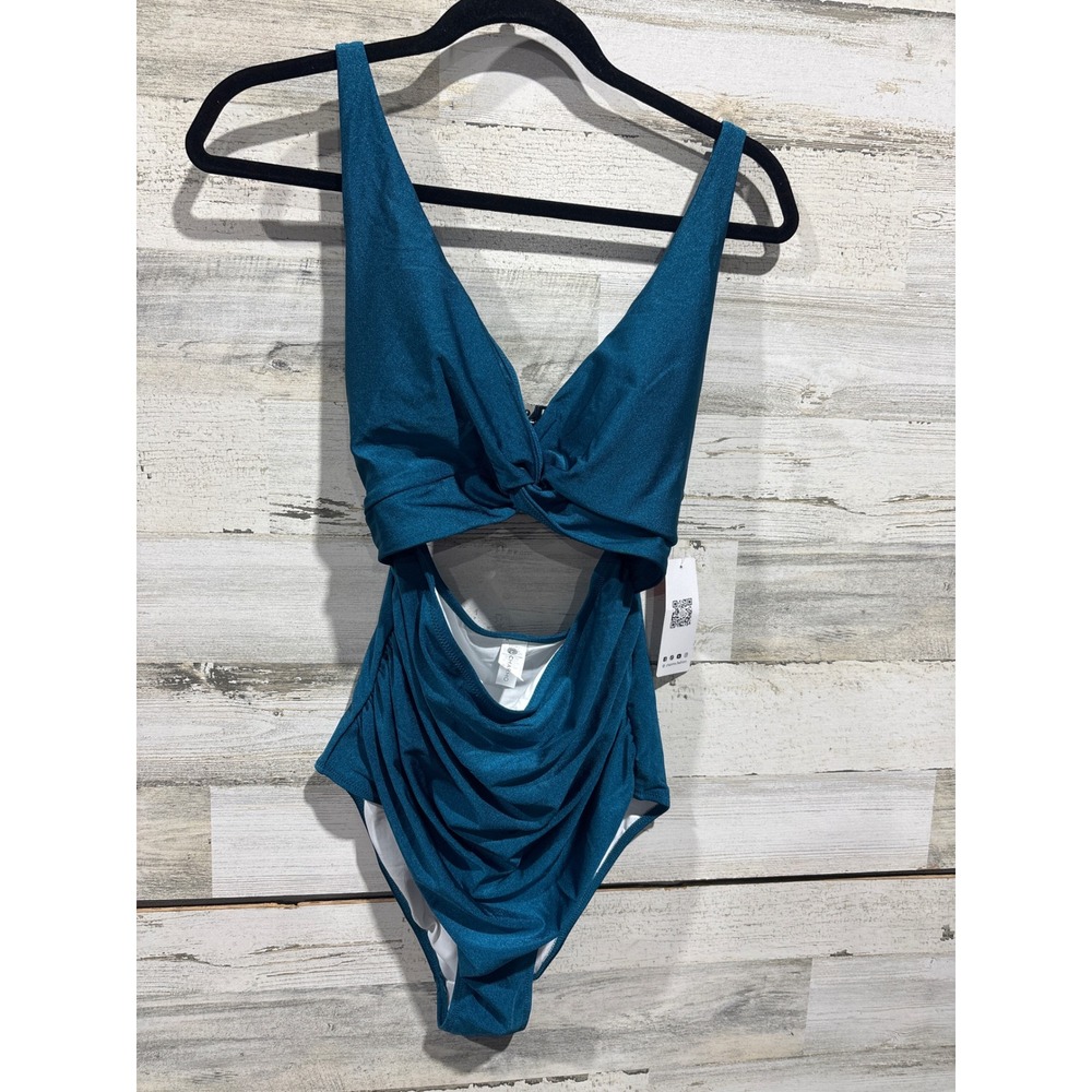 Charmo One Piece Swimsuit Women Large Teal Shimmer Cutout Ruched Mermaidcore NWT